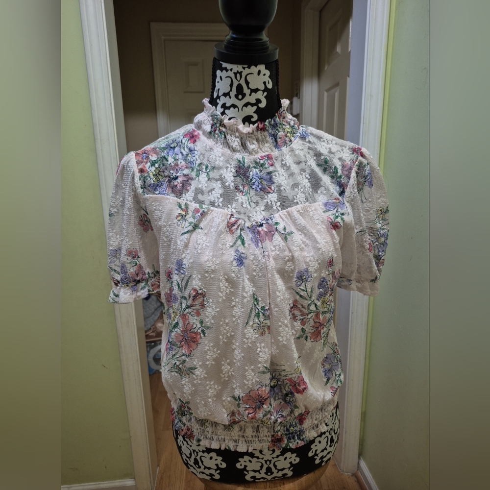 Floral Lace Midi Shirt Elastic Waist Short Slevee